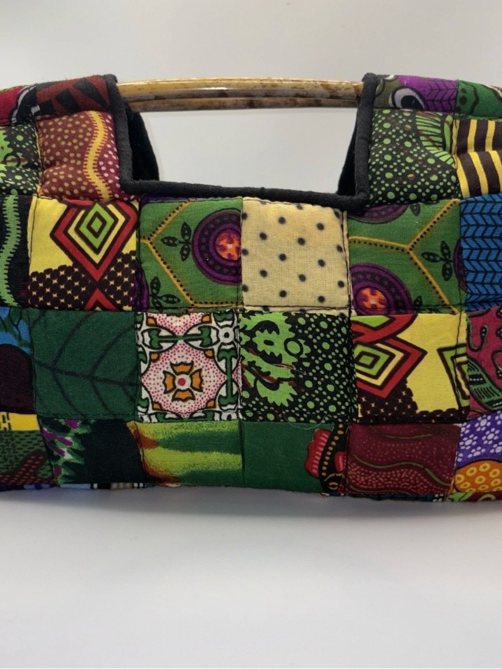 Amani Ya Juu Peace African Fabric Patchwork Tote Handbag Carved Wooden Handle